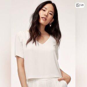 Aritzia Babaton Randy V-Neck Short Sleeve Blouse White